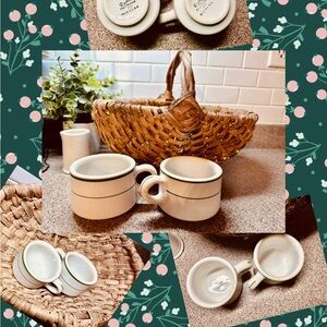 Vintage Buffalo China Set of White Mugs with Green Stripe (2)